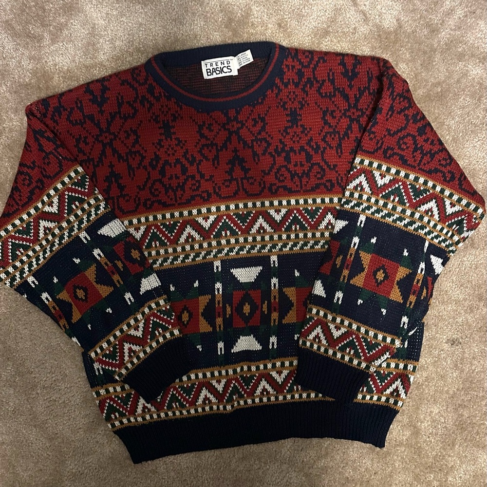 Vintage Trend Basics Knit Sweater Red Multicolor Geometric Pattern